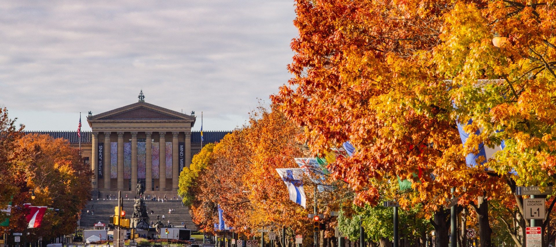 Tree lined street, large building