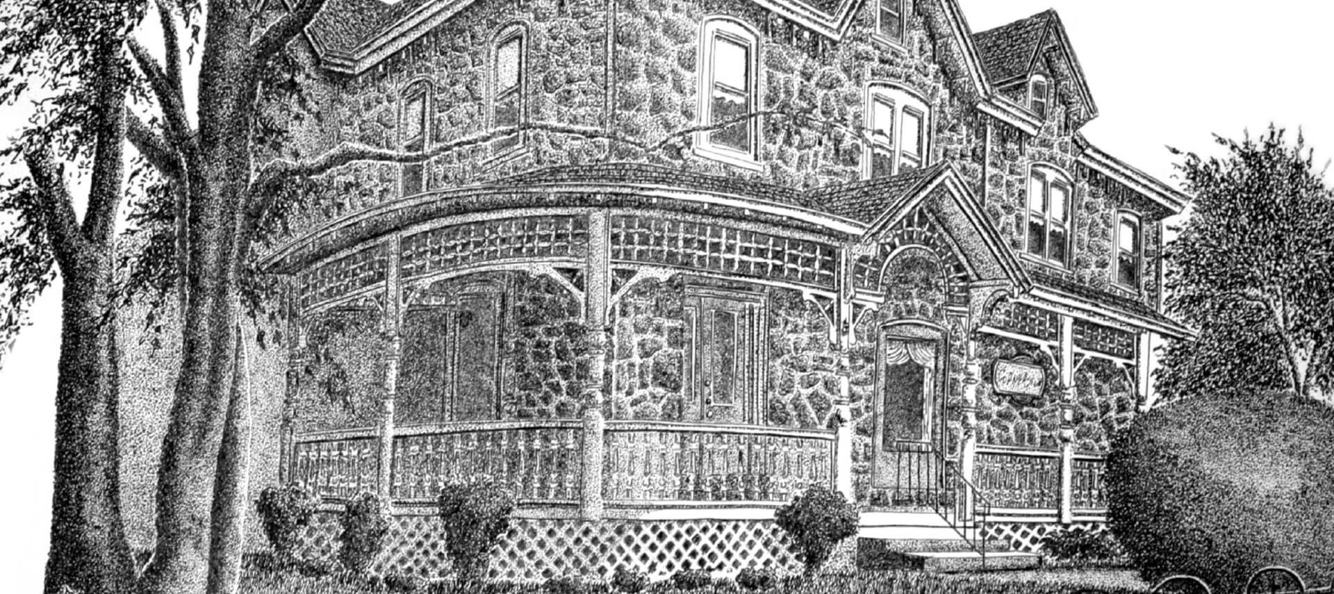 A black and white drawing of a state stone home with large wrap around porch