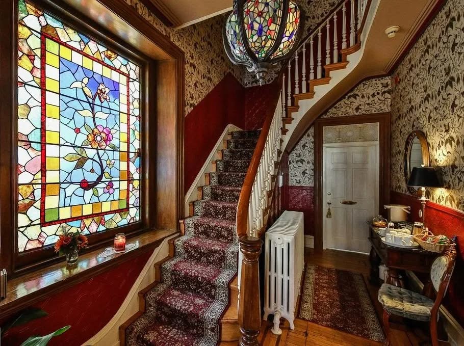 Beautiful woodwork and stained glass window at historic Philadelphia inn